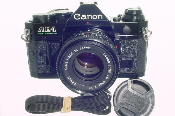 Canon AE-1 Program 35mm SLR Film Manual Camera + Canon 50/1.8 FD Lens in Black