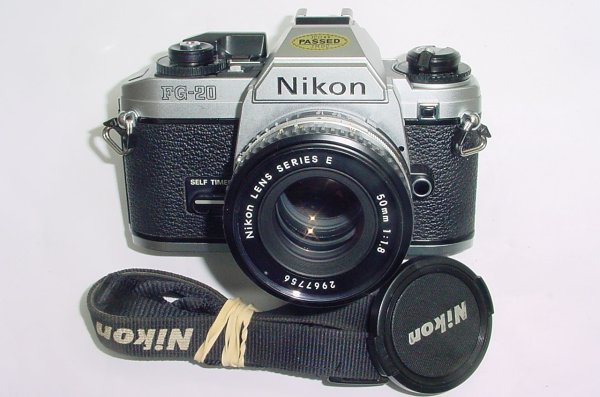 Nikon FG-20 35mm Film SLR Manual Camera with Nikon 50mm F/1.8 Series E Lens