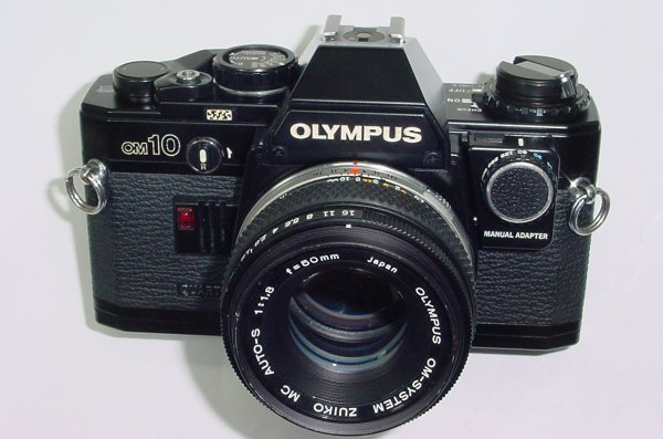 Olympus OM10 QUARTZ 35mm Film SLR Camera with 50mm F/1.8 Zuiko Lens - Black